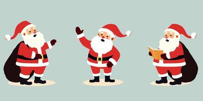 three Santa Claus characters in traditional red suits. One holds a sack, another waves, and the third reads a book. Ideal for Christmas designs, holiday greetings, and festive themes vector