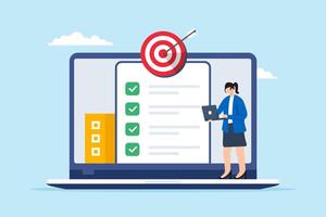 Flat illustration of businesswoman use laptop computer update checklist target for marketing campaign with bullseye vector