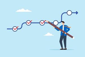 Flat illustration of businessman using pencil to tick mark checklist for project milestone goal tracking and task completion vector