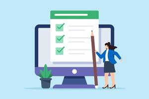 Flat illustration of woman employee hold pencil update business checklist on computer screen vector