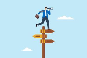 Flat illustration of businessman stand on direction sign look on binocular to discover solution find business opportunity see future career make decision success way vision path vector