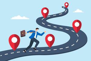 Flat illustration of businessman run on business roadmap marked with milestone pin project success journey achievement workflow timeline process step planning progress vector