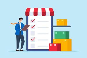 Flat illustration of store manager mark item on inventory business checklist vector