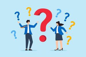 Flat illustration of businessman and businesswoman stand surrounded confused question mark doubt complexity complicated problem misunderstanding trouble vector