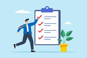 Flat illustration of businessman consultant giving check mark verify step on business checklist in clipboard vector