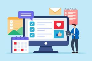 Flat illustration of blogger writing content creation checklist on laptop computer screen with calendar social media promotion strategy planning vector