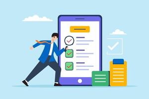 Flat illustration of business analyst inspect business checklist with magnifying glass in app on smartphone screen vector