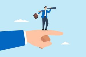 Flat illustration of giant pointing finger help businessman look telescope foreseeing business direction success vision economic forecast future strategy objective career path vector