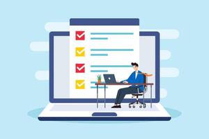 Flat illustration of sales manager fill business checklist on laptop screen in office desk vector