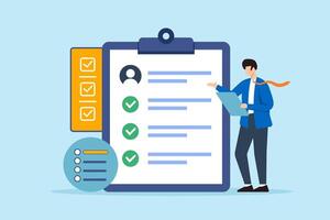 Flat illustration of human resource manager checking candidate questionnaire new hire onboarding checklist vacancy job business interview and HR recruitment vector