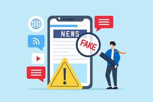 Flat illustration of man use magnifying glass to investigate social media fake news on phone screen with warning sign misinformation false information hoax cheating scam website vector
