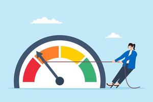 Flat illustration of businesswoman pull meter down reducing risk level red alert to green reduce stress decrease anxiety or danger indicator vector