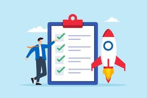Flat illustration of brand strategist present rocket and checklist launch startup start project and business development vector