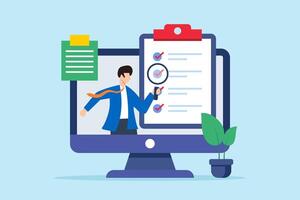 Flat illustration of executive examine business checklist in call with magnifying glass on computer screen vector