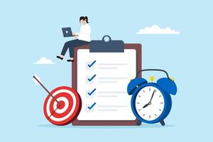 Flat illustration of productive businesswoman work on laptop with clipboard checklist alarm clock and bullseye target focusing project or time management vector