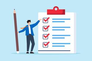 Flat illustration of team leader marks items on printed business checklist vector