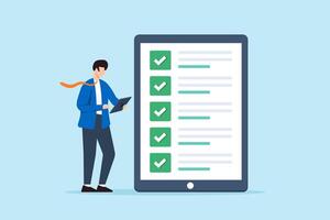 Flat illustration of businessman check business checklist on tablet screen vector