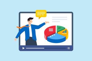 Flat illustration of businessman expert explain pie chart on media player and online tutorial training course business strategy education clip vector