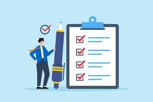 Flat illustration of manager hold pen complete task on business checklist clipboard vector