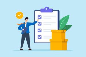 Flat illustration of quality control manager check compliance product with checklist clipboard and checkmark guarantee badge vector