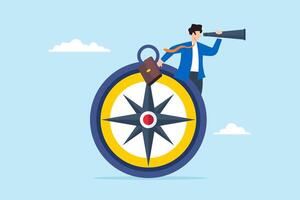 Flat illustration of businessman look telescope on compass find and guidance direction business growth investment opportunity decision leadership or visionary vector
