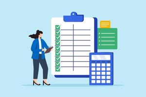 Flat illustration of female professional accountant hold clipboard complete item on business checklist spreadsheet with calculator vector