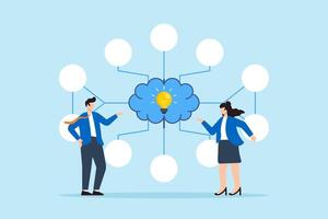 Flat illustration of two business people present mind map diagram and lightbulb thinking solution research plan visualizing idea easy problem solving and decision making vector