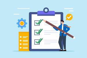 Flat illustration of male supervisor use pencil double check business checklist on clipboard vector