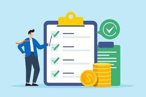 Flat illustration of finance manager check budget business checklist in clipboard with dollar coin vector