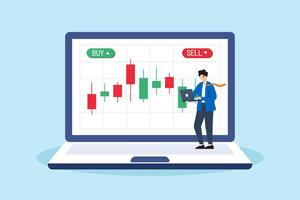 Flat illustration of businessman investor trading cryptocurrency on stock exchange with buy and sell button on laptop screen investing technical analysis vector