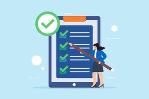 Flat illustration of entrepreneur woman use pencil tick item on digital business checklist document in tablet screen vector