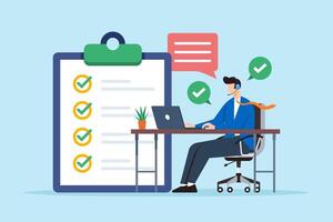 Flat illustration of operator of call center agent or customer service working in headphone and mic sitting at desk with laptop computer checklist and checkmark vector