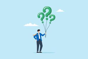 Flat illustration of doubtful businessman hold question mark balloon finding and searching solution answer and solving problem vector