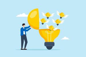 Flat illustration of man open lightbulb to develop and generate new flying idea generation creativity innovation inspire invention knowledge imagination wisdom solution vector