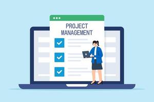 Flat illustration of female freelancer update business checklist in project management software or website on laptop screen vector