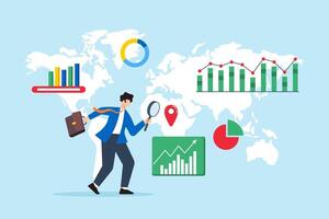 Flat illustration of businessman use magnifying glass analyze global business opportunity and risk with graph chart on world map analysis international economic searching foreign career vector