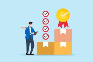 Flat illustration of businessman check product quality control qc with checklist and medal badge giving certified approval process excellence service delivery guarantee vector