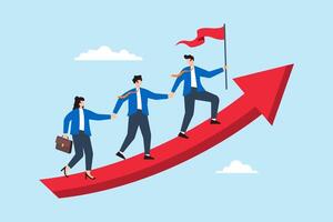Flat illustration of businessman leader with flag hold hand with employee walking up rising growth arrow graph teamwork cooperate together achieve target leadership build team vector