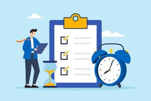 Flat illustration of businessman check deadline checklist with alarm clock and hourglass to do list time management effective business planning vector