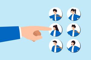 Flat illustration of giant finger pointing at chosen candidate employee recruitment job hiring new position choose hr human resources interview talent headhunter vector