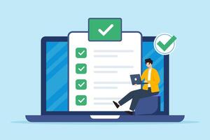 Flat illustration of remote worker complete business checklist on online digital platform vector