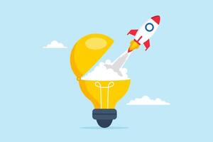 Flat illustration of rocket launch from opening lightbulb breakthrough new idea entrepreneurship success innovation startup creativity begin business vector