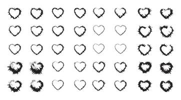 Diverse Rough-Edged Heart Designs in Black and White with Unique Textures and Outlines vector