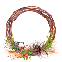 Round twig wreath, decorated with Tuya, Hazel branch with Nuts, ashberry and spikelets png