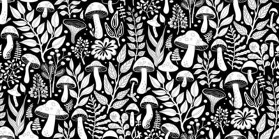 Half Drop Seamless Pattern from White Silhouettes of Stylized Mushrooms and Foliage on Black Background. Wallpaper Design for Textiles, Fabrics, Papers, Fashion Prints, Wrappings, Colorings. vector