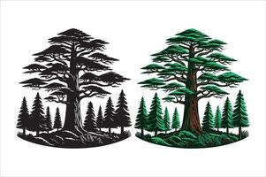 forest tall oak tree with silhouette and green leaf tree vector