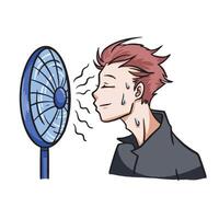Sweating young man cooling self in front of an electric fan colorful illustration isolated on square white background. Simple flat outlined cartoon art styled drawing. vector