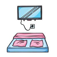 Wide bed and mounted wall television furniture objects colorful illustration isolated on square white background. Simple flat outlined cartoon art styled drawing. vector