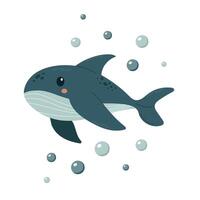 Delightful illustration of a cute shark in kawaii style, exuding charm with its big, bright eyes and cheerful expression. Ideal for childrens products, ocean-themed projects, and fun graphic designs vector