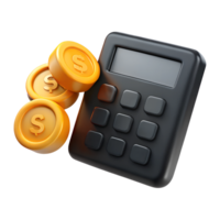 Black calculator with golden dollar coins 3d icon. Design element for fintech app png